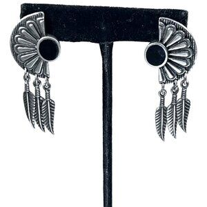 Vtg 1989 Ege Pewter Earrings Marked Feather Black Onyx Stone Pierced Half Moon